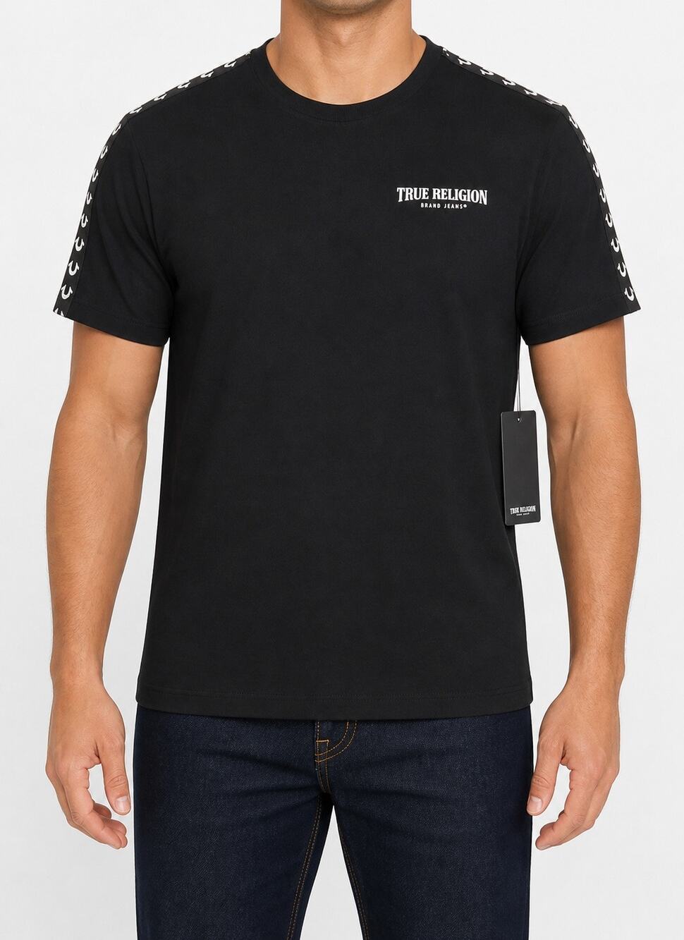 NEW True Religion Shirt Mens Large Jet Black Heavy Taping Short Sleeve Crew Neck